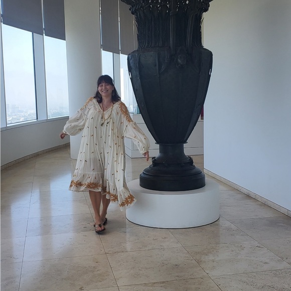 Free people Rare long sleeve midi dress yellow embroidered cotton gauze & slip - Picture 2 of 6